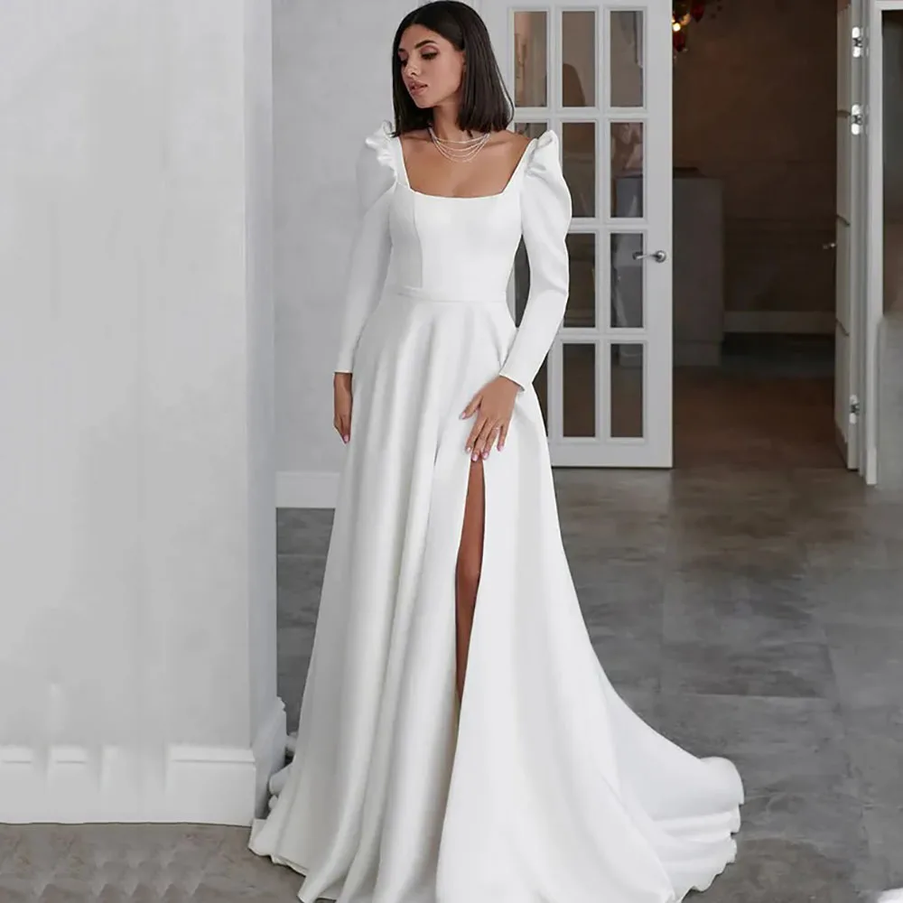 

Elegant A Line Wedding Dresses Women Long Sleeves Side Split Simple Bridal Gowns Vestidos De Noiva Wedding Gown