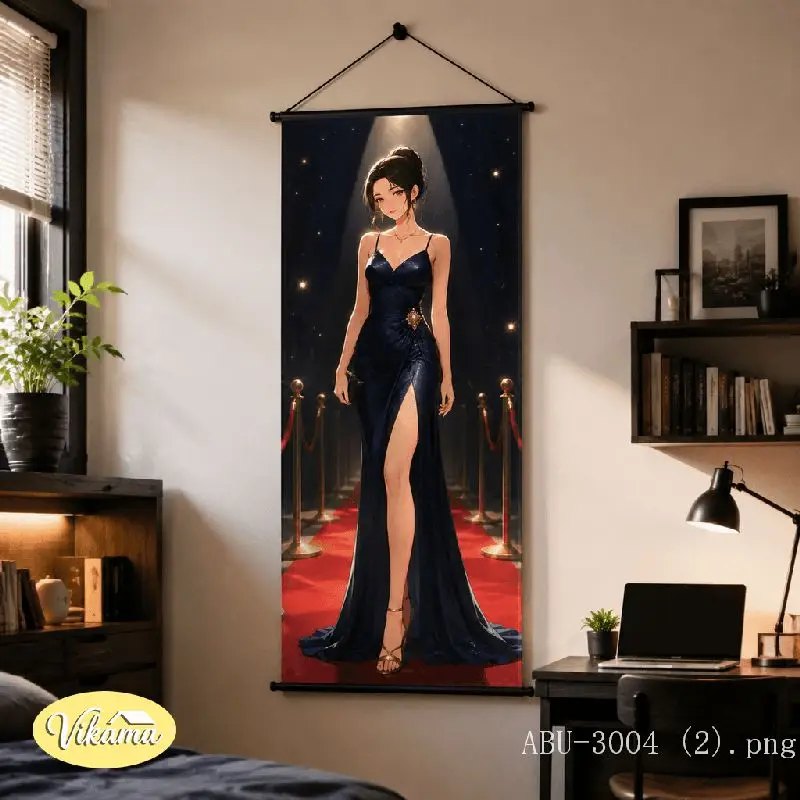 VIKAMA Blue Slit Dress Tapestry Woman Red Carpet Spotlight Starry Night Anime Art Polyester Wall Hanging Bedroom Dorm Home Decor