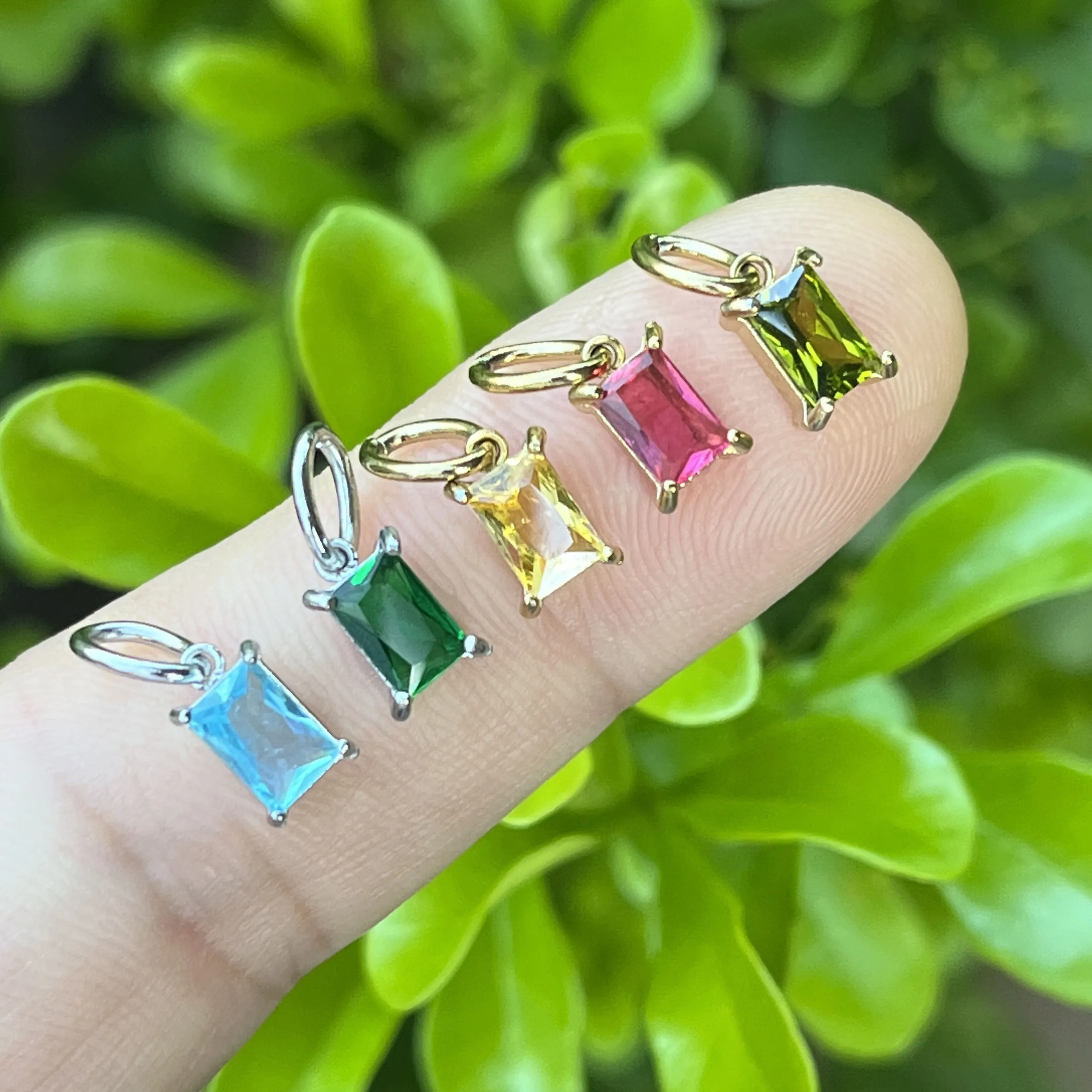 10pcs/ Bag 12-Month Birthstone Pendant Necklace Stainless Steel Non-Tarnish Waterproof Multicolor Rectangular Zircon Charm