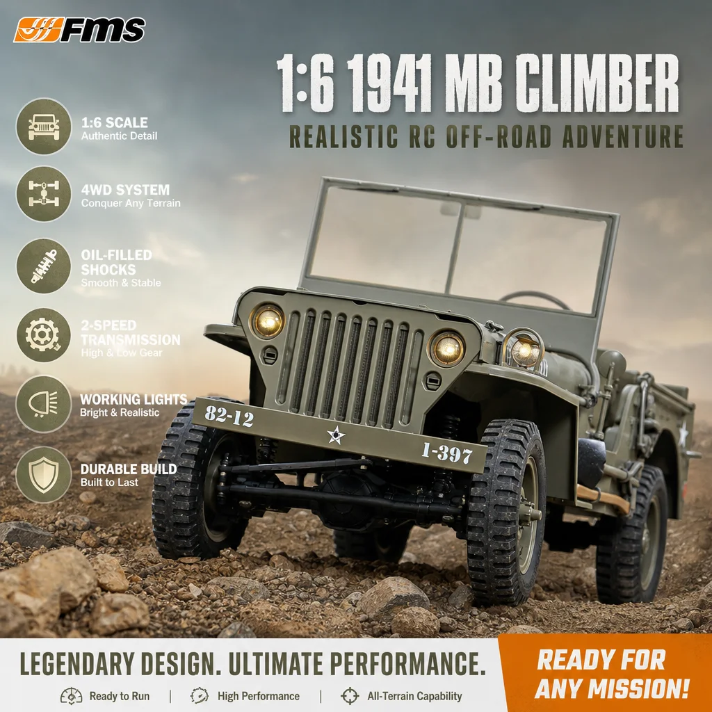 FMS 1/6 1941 MB Scaler Willis Climber RC Rock Crawler Remote Control Simulation Off Road Car Large Scale Hobby Model Vehicle