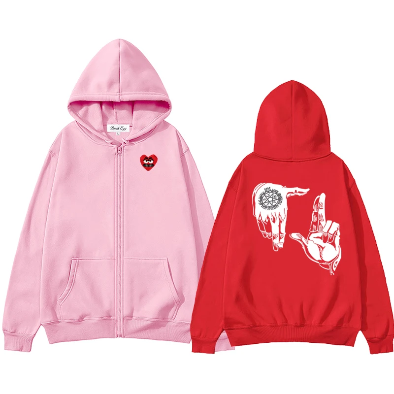 

Black White Palm Print Men Women Zipper Hoodie Cool Cute Snag Heart Embroidery Polyester Pocket Loose Thin Autumn Sweater