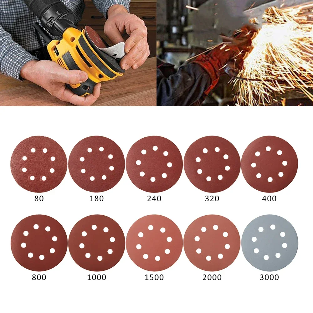 100Pcs 125mm Sanding Discs 8 Hole Hook Loop Sandpaper 80Grit-3000Grit Sanding Paper 5Inch Sanding Disc Abrasive Polishing Tools