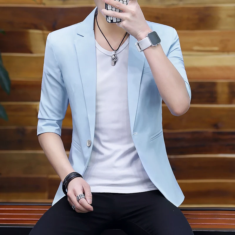 Summer Silk Smooth Solid Color Jacket Blazers 3/4 Sleeve Suit Formal Dress Youth Medium Sleeve Suit Male Slim Korea Style Suit