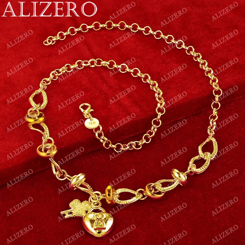 ALIZERO 18K Gold Clover Key Heart Lock Pendant Necklace For Women Wedding Party Gift Jewelry 925 Sterling Silver Necklaces