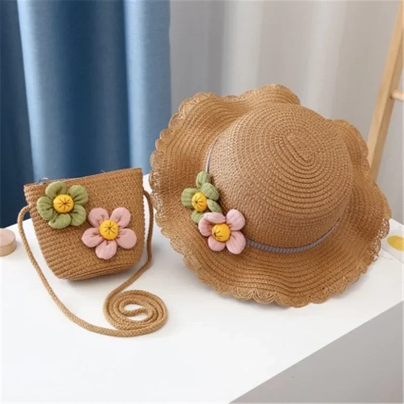 

New 2 pcs Summertime Cute Children Straw Hat and Shoulder Bag Girls Outdoor Beach Cap Cute Bow Travel Beach Sun HatCrossbody Bag