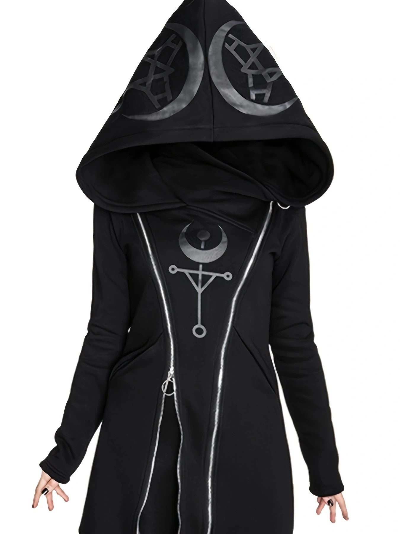 Women\'s Gothic Zip-Up Hooded Jacket | Sun Moon Geometric Print | Durable All-Season Streetwear