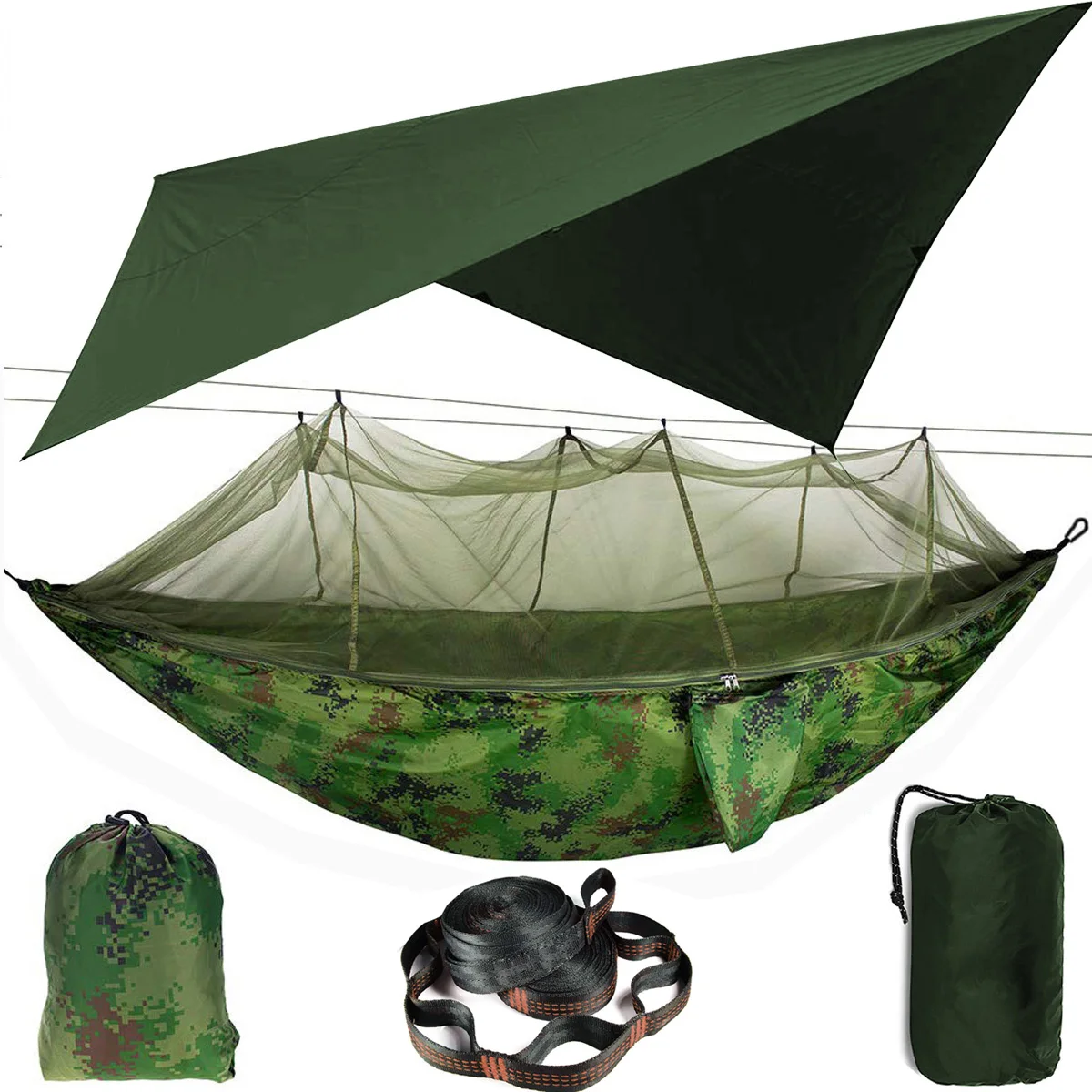 Outdoor Camping Hammock with Mosquito Net and Sun Shelter, Portable Double Parachute Swing Hammocks Tent Tarp Rain Fly