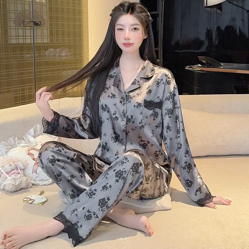 Spring New Women's Long Sleeved Ice Silk Sleepwear Home Suit Set with Floral Lace Loose Sleepwear Home Suit Long Sleeved Set 3