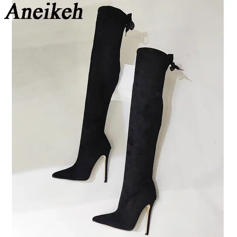 

Aneikeh 2025 Flock Solid Women's Fashion Butterfly-Knot Pointed Thin Heel Over-The-Knee Sock Boots 2025 PU Side Boots Lace-Up