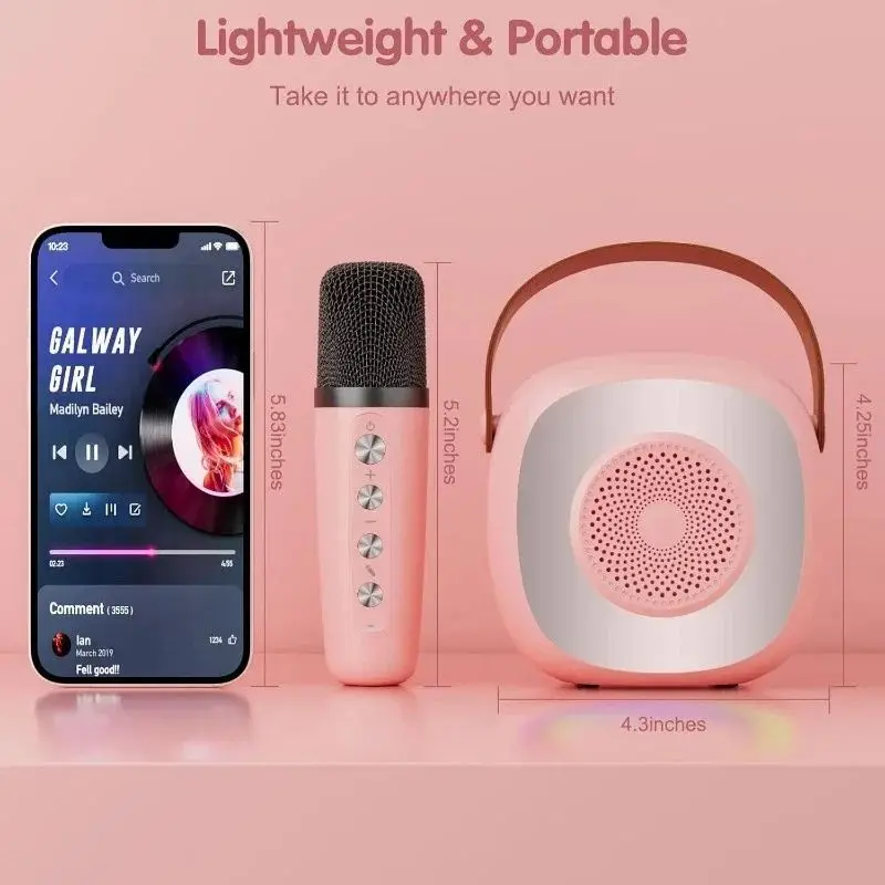Mini children's Bluetooth speaker with 1 wireless microphone and RGB night light long-lasting karaoke machine children's gift