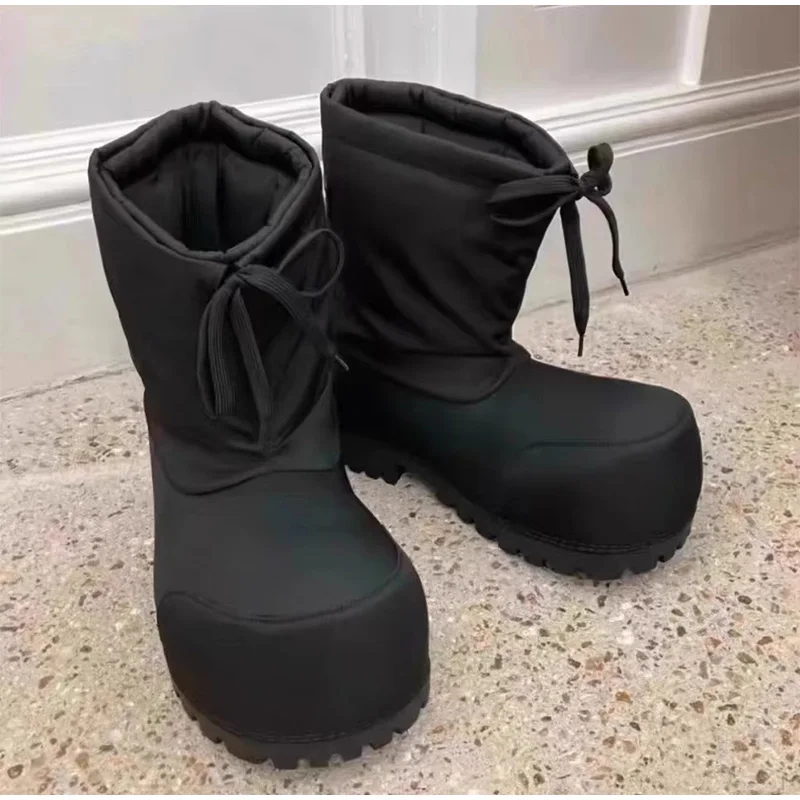 Fashion Gothic Oversized Square Toe Platform Ankle Boots Thick Lug Sole Lace Up Padded Warm Winter Combat Boots Streetwear Shoes