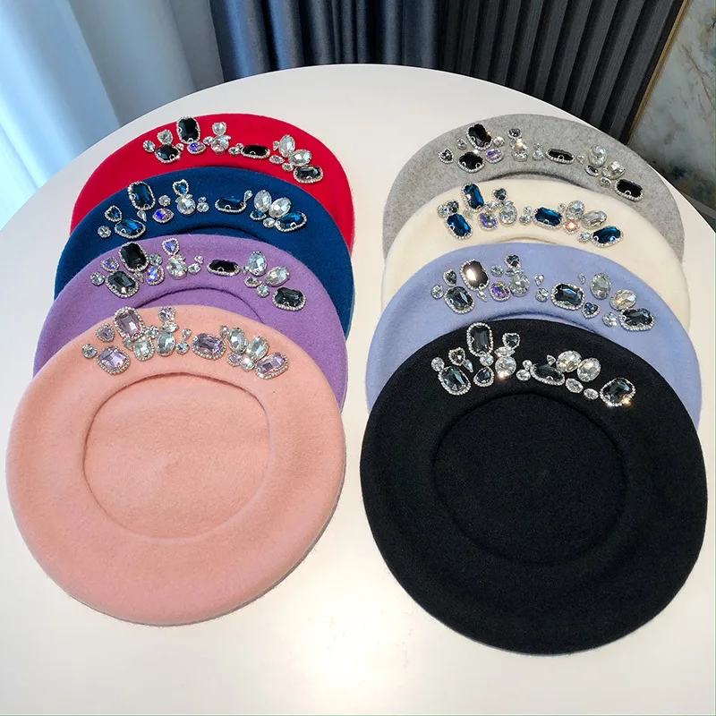 2024 Berets Women Hat Brimless Stretchy Comfortable Rhinestone Y2K Cap Autumn Female Flat Color Cotton