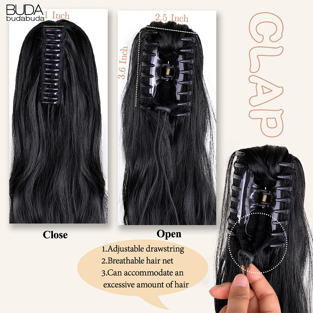 Buda-Extensão sintética do cabelo ondulado longo rabo de cavalo para mulheres, grampo da cauda do pônei, estilo encaracolado, cabelo garra