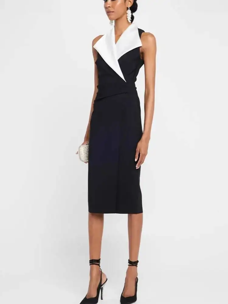 

2025 Summer New Set Color Collar Slim Fit Medium Long Sleeveless Women's Bag Buttocks Sexy Dress