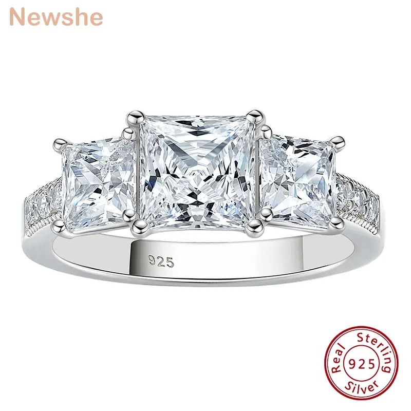 Newshe Soild 925 Sterling Silver Wedding Engagement Rings For Women Three-Stone Princess Cut AAAAA Cubic Zirconia BR1187_M