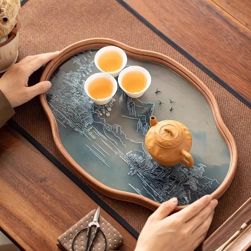 Glass Begonia Bamboo Tea Tray Household Small Tea Table Tea Making Tray Kung Fu Glass Serving Tray