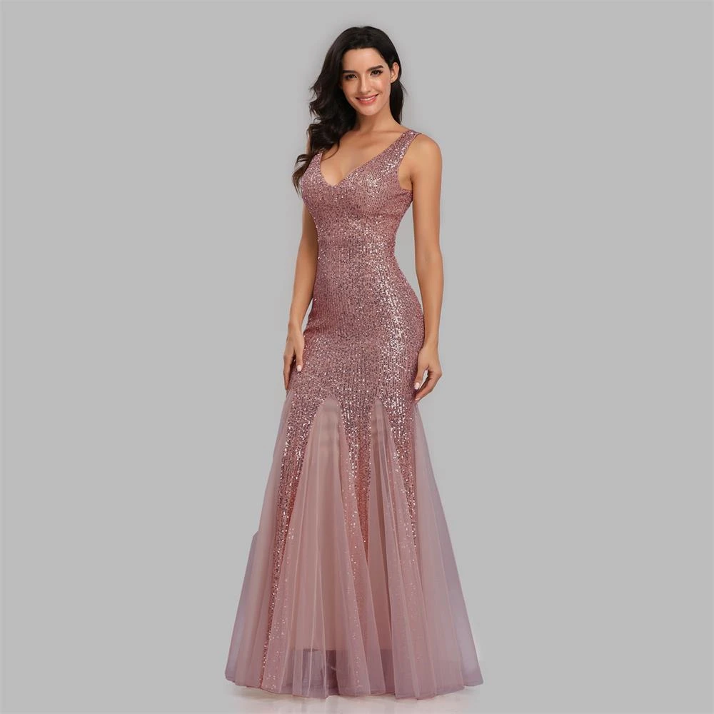 

Dusty Rose Mermaid Long Dress Evening V Neck Floor Length Stunning Sequined Tulle Prom Party Gowns Wholesale Robe De Soiree