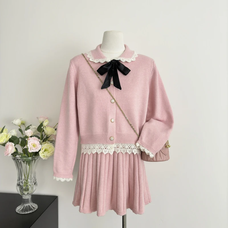 

Knitted Outfits Women's Autumn Fashion Bow Lace Long-sleeved Cardigan High Waist Pleated Skirt Two-piece Set Female Clothes