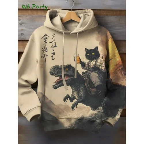 Imagen 1 del producto Sudaderas con capucha con estampado 3D de gato y dinosaurio de dibujos animados para hombre y mujer, Sudadera con capucha Vintage de gran tamaño a la moda, abrigo, ropa para hombre, sudadera Unisex