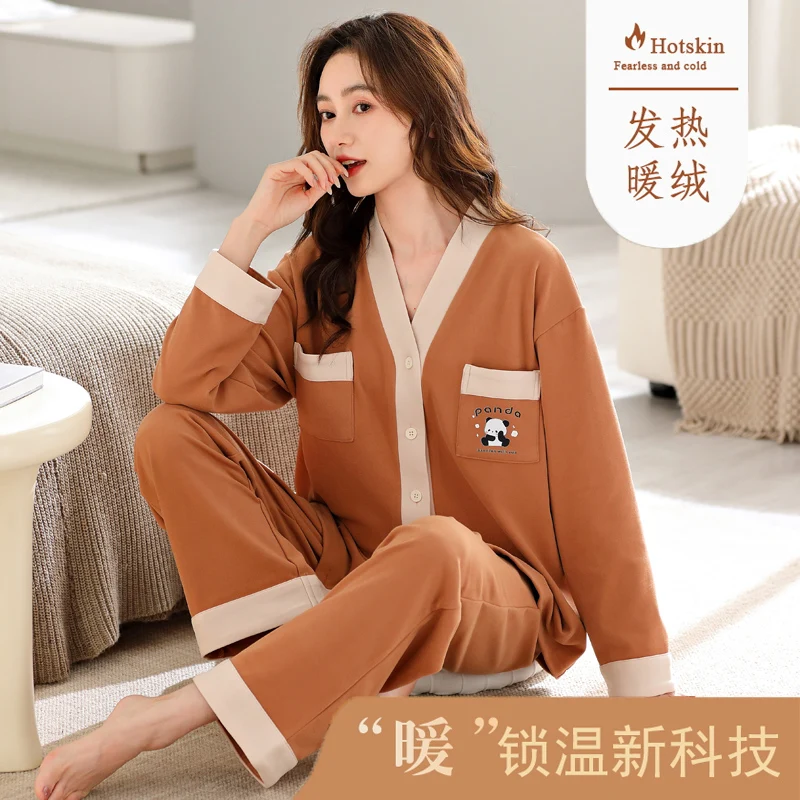 

New Long Sleeved Cardigan Set For Winter Sleepwear Women Thin Velvet Nightwear V-Neck Soft Sleepwear Female Clothes pyjama mujer