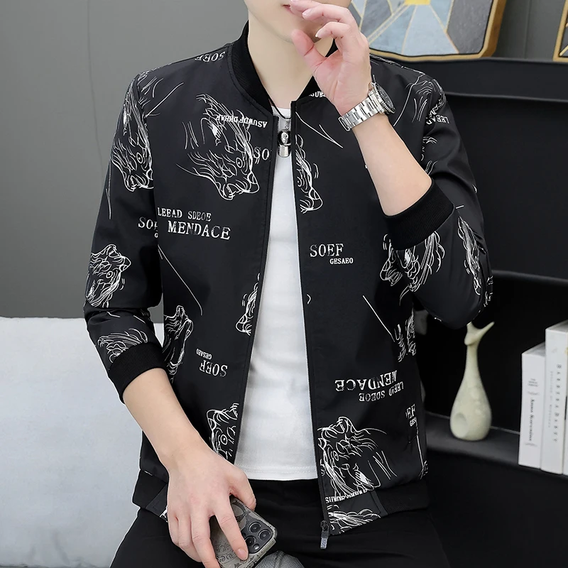 

Мужская приталенная куртка с принтом и воротником-стойкой, тонкая, модная, молодежная, повседневная, универсальная верхняя одежда для весны и осени