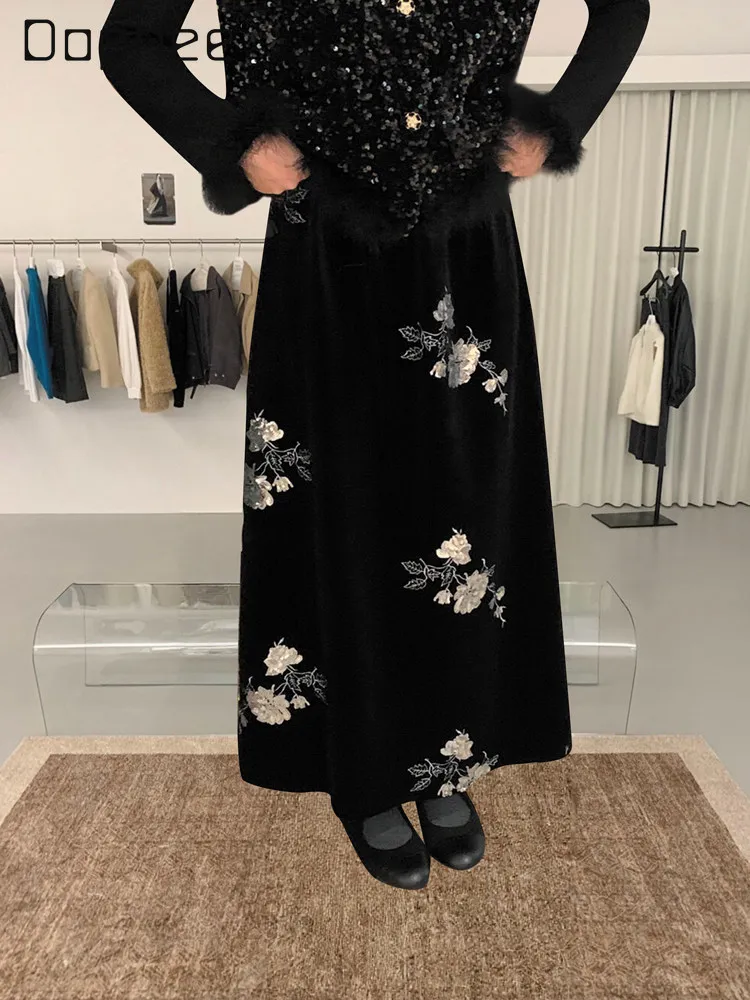 

Зимняя новая элегантная бархатная юбка-русалка в китайском стиле в стиле ретро с блестками, тонкие юбки трапециевидной формы с высокой талией и цветочной вышивкой