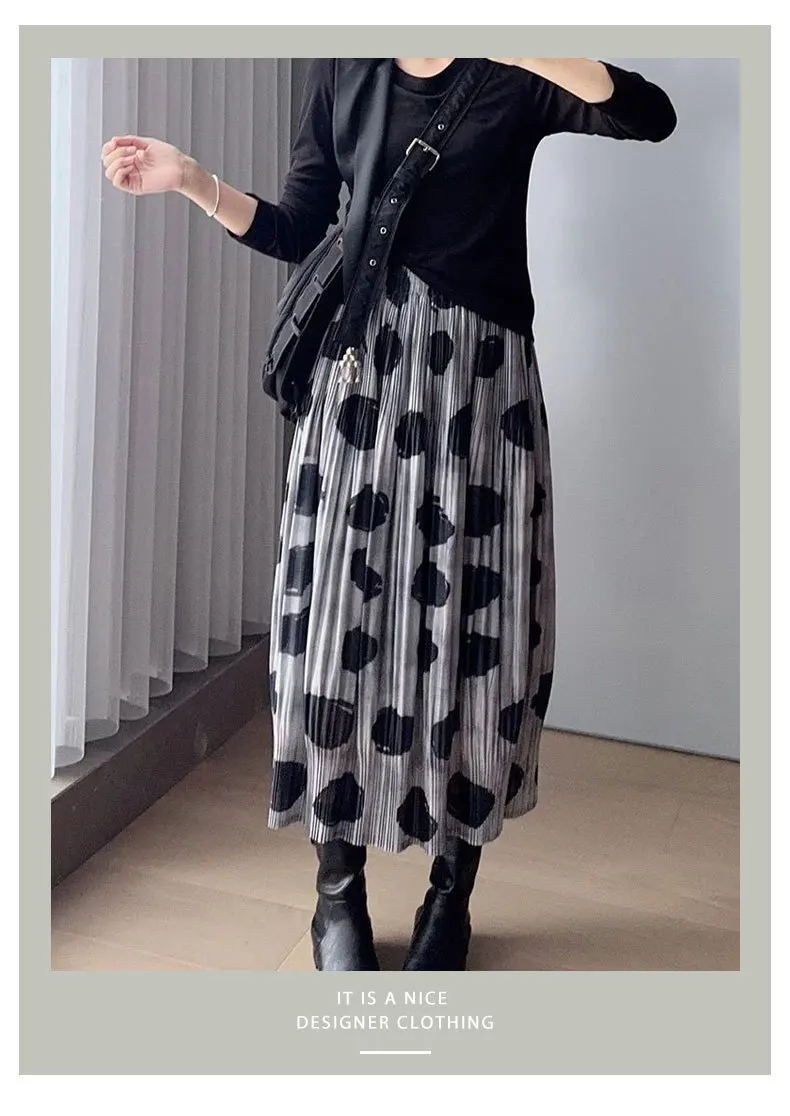 Pleated Black Polka Dot Half Skirt Women's Simple Casual Loose Fashion Versatile Commuter Clothing Korean Wearing