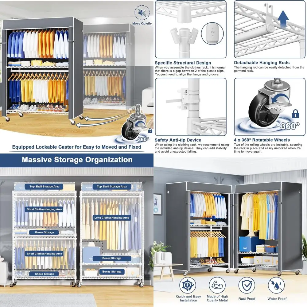 

Extended Width Heavy Duty Rolling Clothes Rack, 51.2 W x 15.8 D x 80.5 H, 700LBS Load, White with Grey Cover