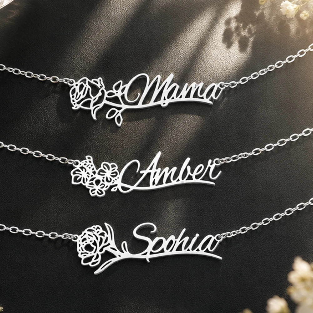 Birth Flower Necklace - Personalized Name BirthFlower Necklace Custom Stainless