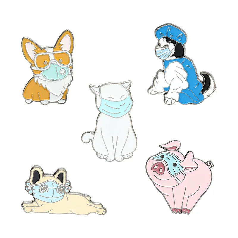 Adorable masks Animals   Enamel Lapel Pins Cartoon Dog Cat Pig Brooches Badges stay safe Fashion Pins Gifts for Friends Jewelry