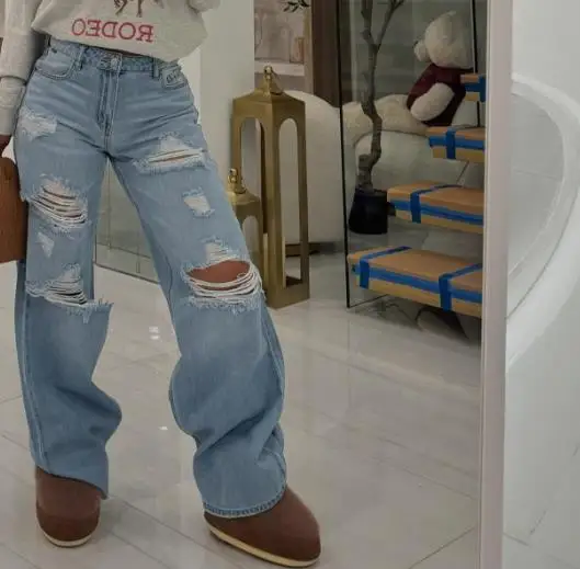 

New Women's Fashion Street Trend Hollow Out Nail Buckle Old Straight Tube Loose Wide Leg Denim Pants Female Casual Sexy Jeans