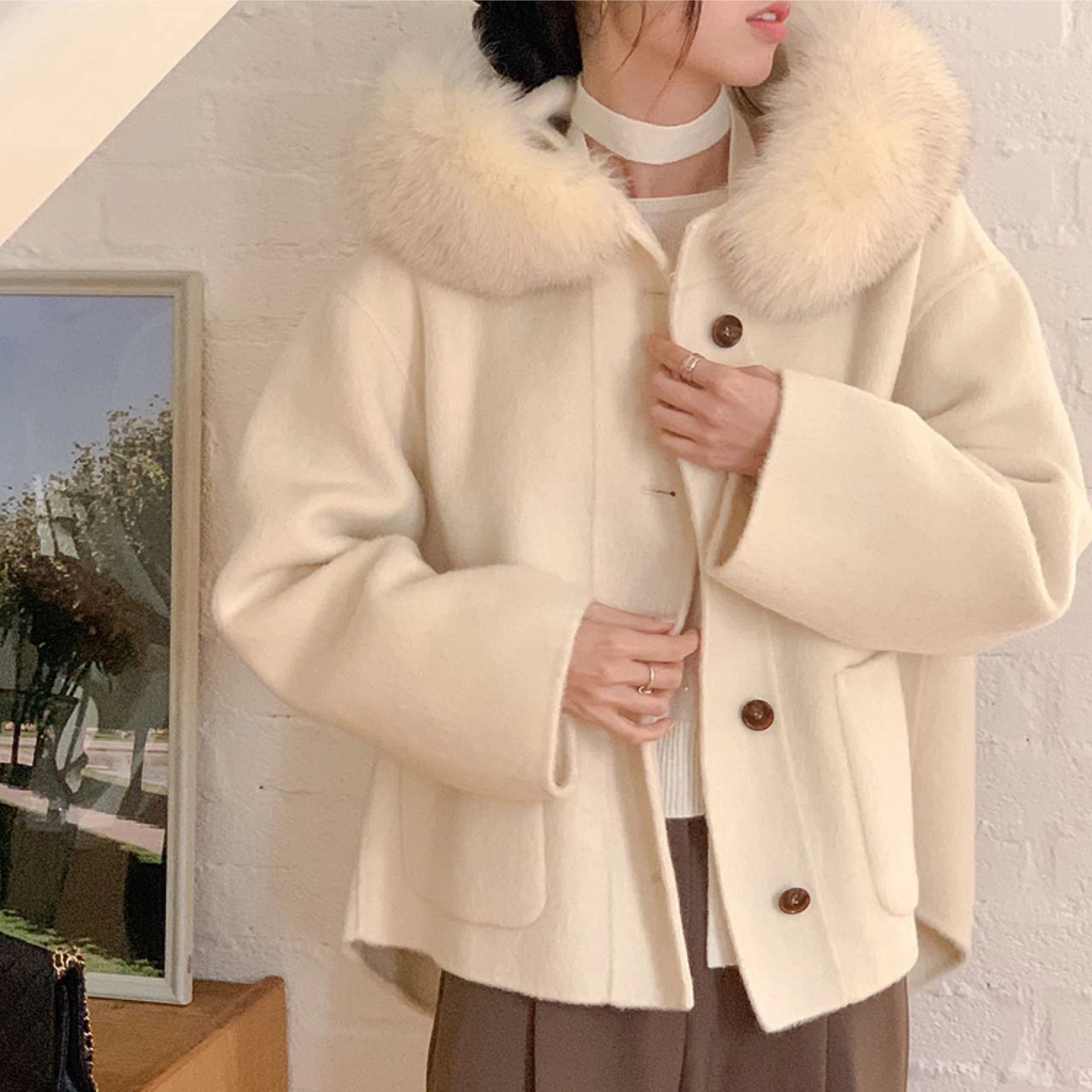 

Chic Woolen Coat Women's Loose Fit Autumn Winter Faion Ele Hat Design Casual Sophistied Long Sve Single Button Cl...