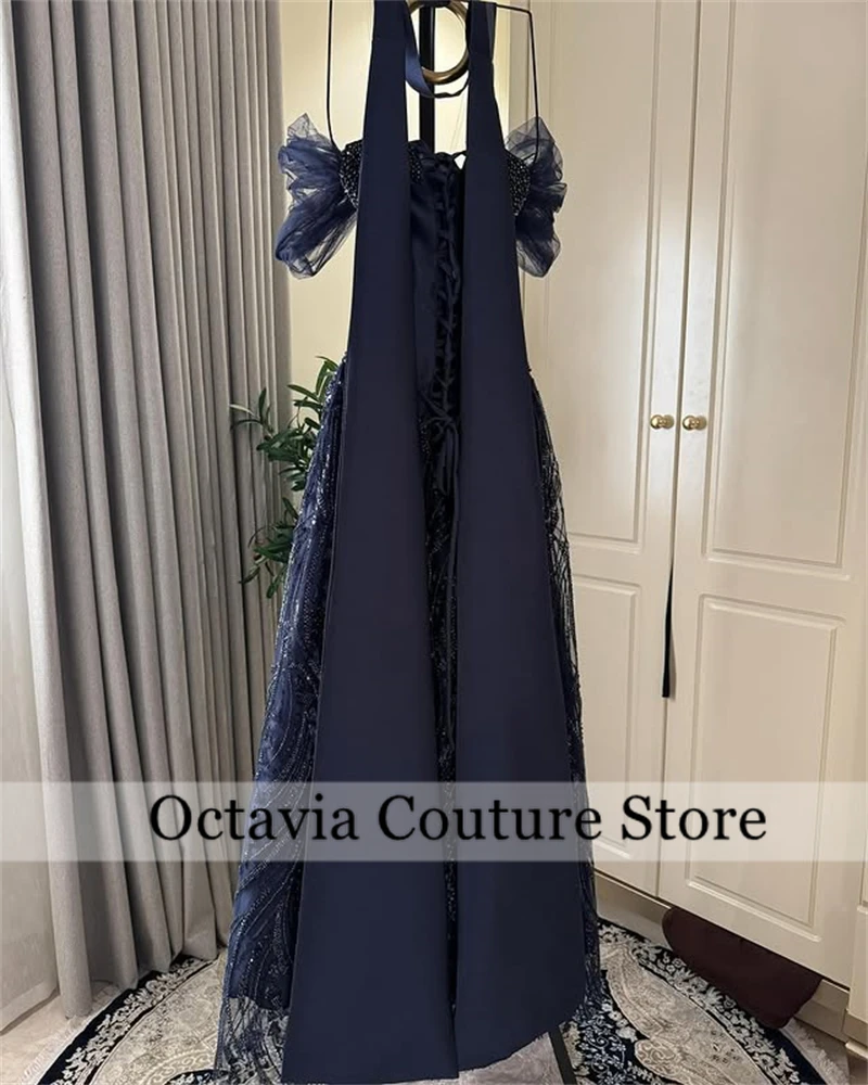 Saudi Arabic Navy Blue Sweetheart Evening Dress 2025 Formal Charming Sleeveless Beaded Crystal Gown Customized  فستان وردي image 2
