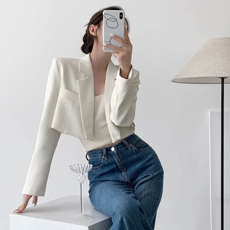 

New Arrival Women's Apricot White No Buttons Short Coat Spring Autumn Premium Design Unique Chic Simple Elegant Casual Blazer