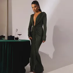 Oligai Autumn Maxi Evening Dress Sexy Green Plung V Neck Dress Long Sleeve Glitter Ruched Wedding Guest Party Dresses Women
