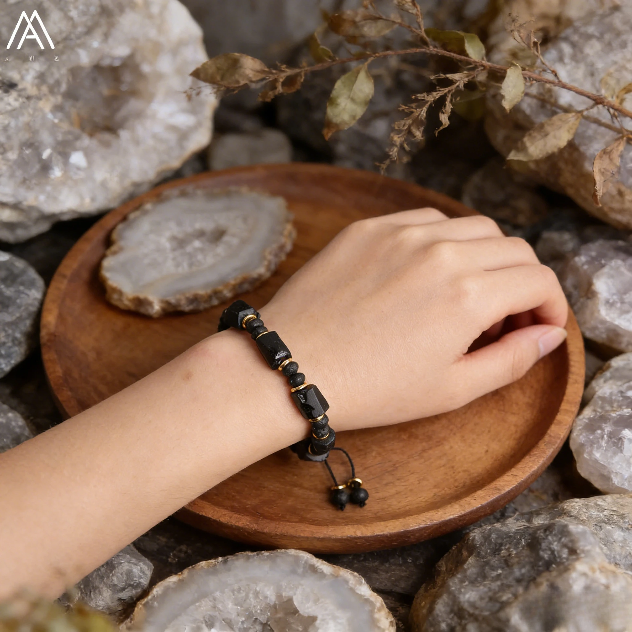 Natural Black Tourmaline Stone Nugget Beads Black Lava Rondelle Beads Cord Knotted Adjustable Bracelet Women Boho Rope Bracelet