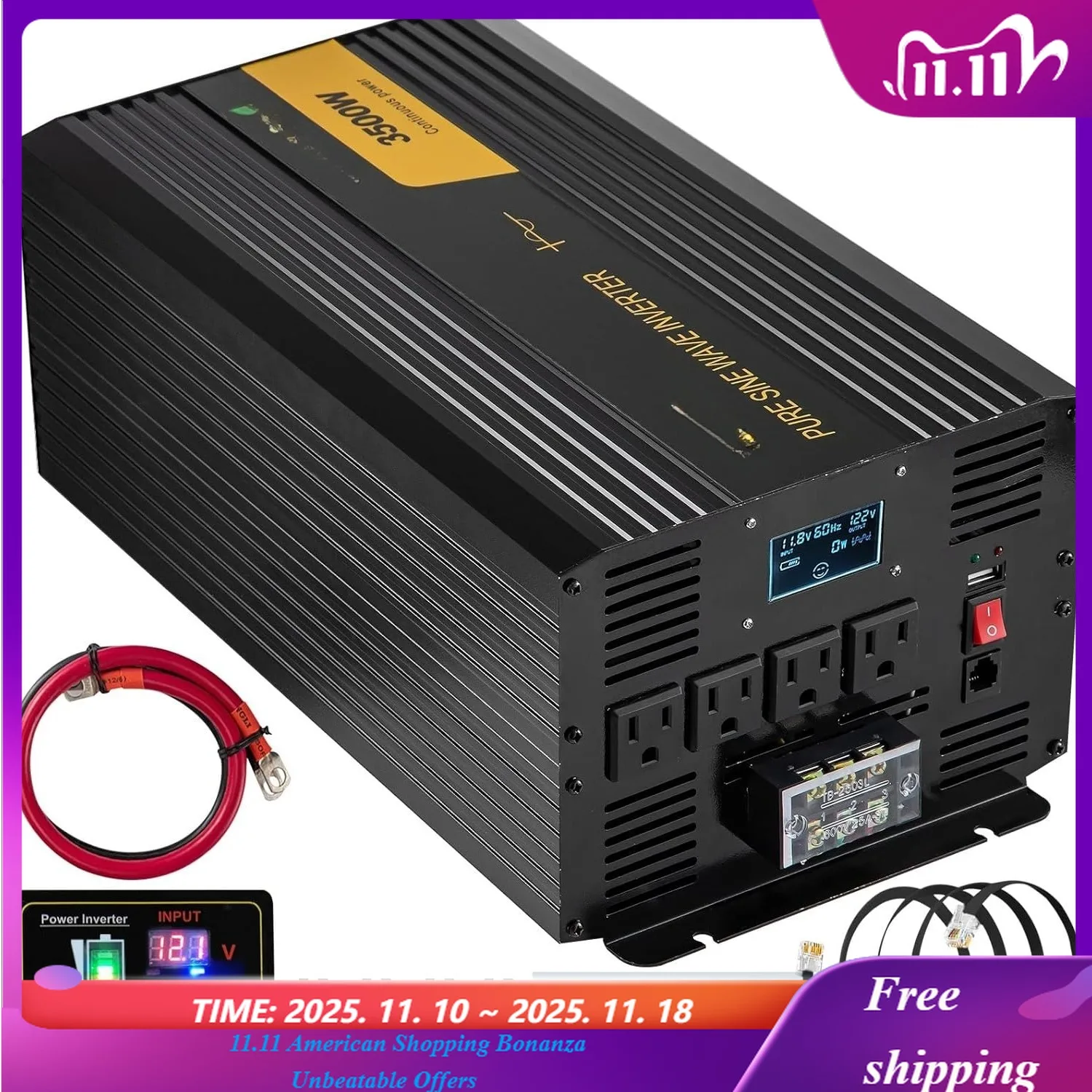 

Pure Sine Wave Inverter 3500 Watt Power Inverter, DC 12V to AC 120V Car Inverter, with USB Port LCD Display Remote Control