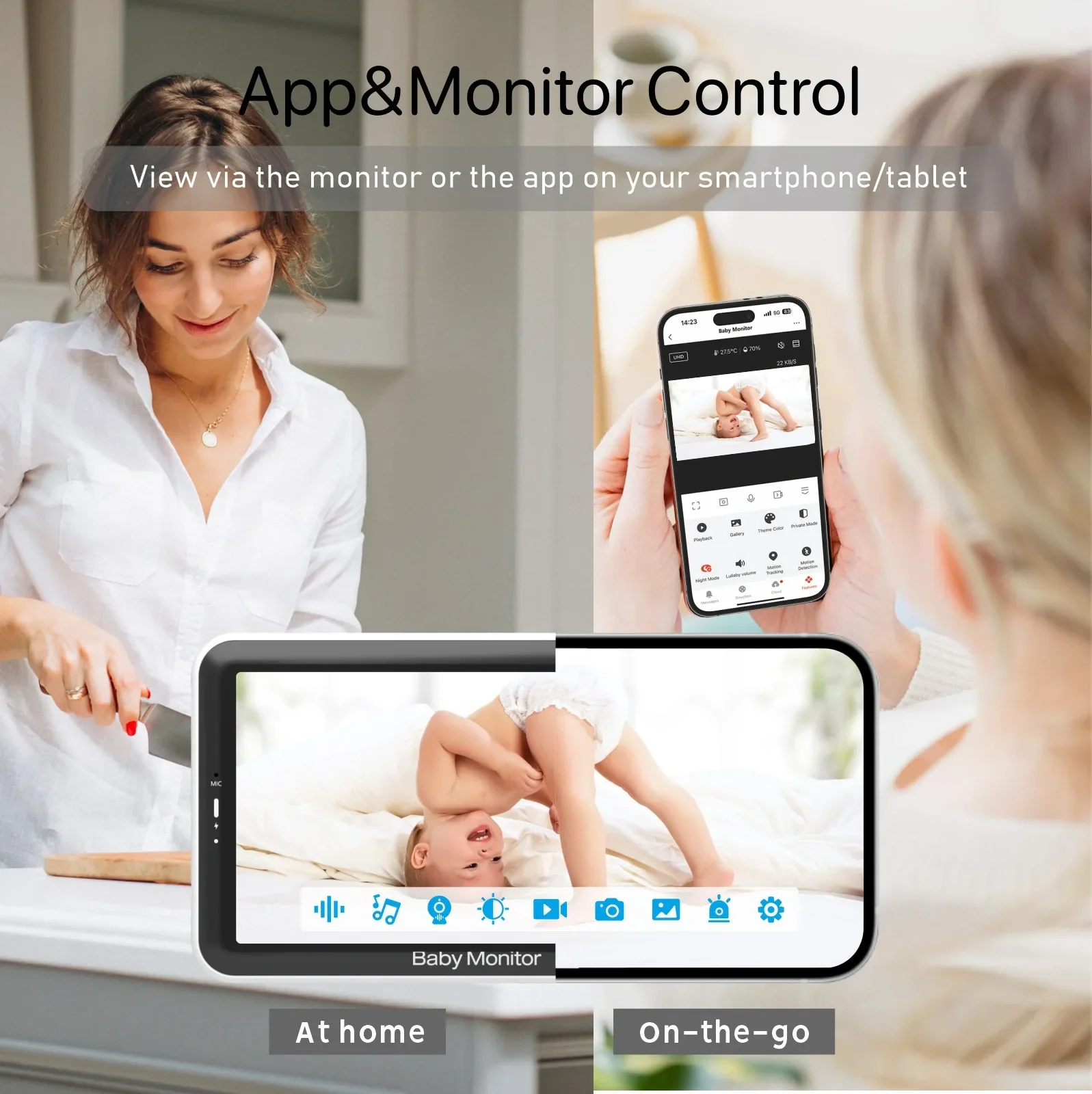 5 Inch Video Baby Monitor with PTZ Camera 4X Zoom Mobile APP & Monitor Dual Control Two Way Audio TUYA Smart Baby Surveillance