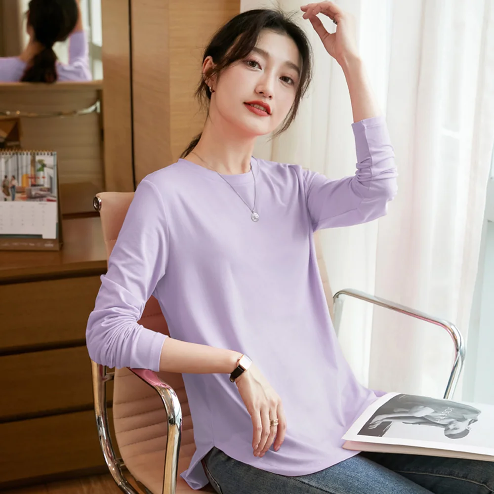 

New Women Basic Long Sleeve T-shirt Spring Summer Fashion O-Neck Solid Color Split Irregular Hem Casual Loose Bottom T-shirt