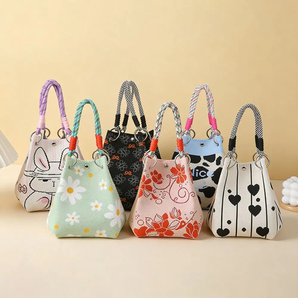 

Portable Cartoon Knitted Bucket Bag Large Capacity Handmade Shoulder Bag Woven Ring Buckle Wrist Bag for Women Girls