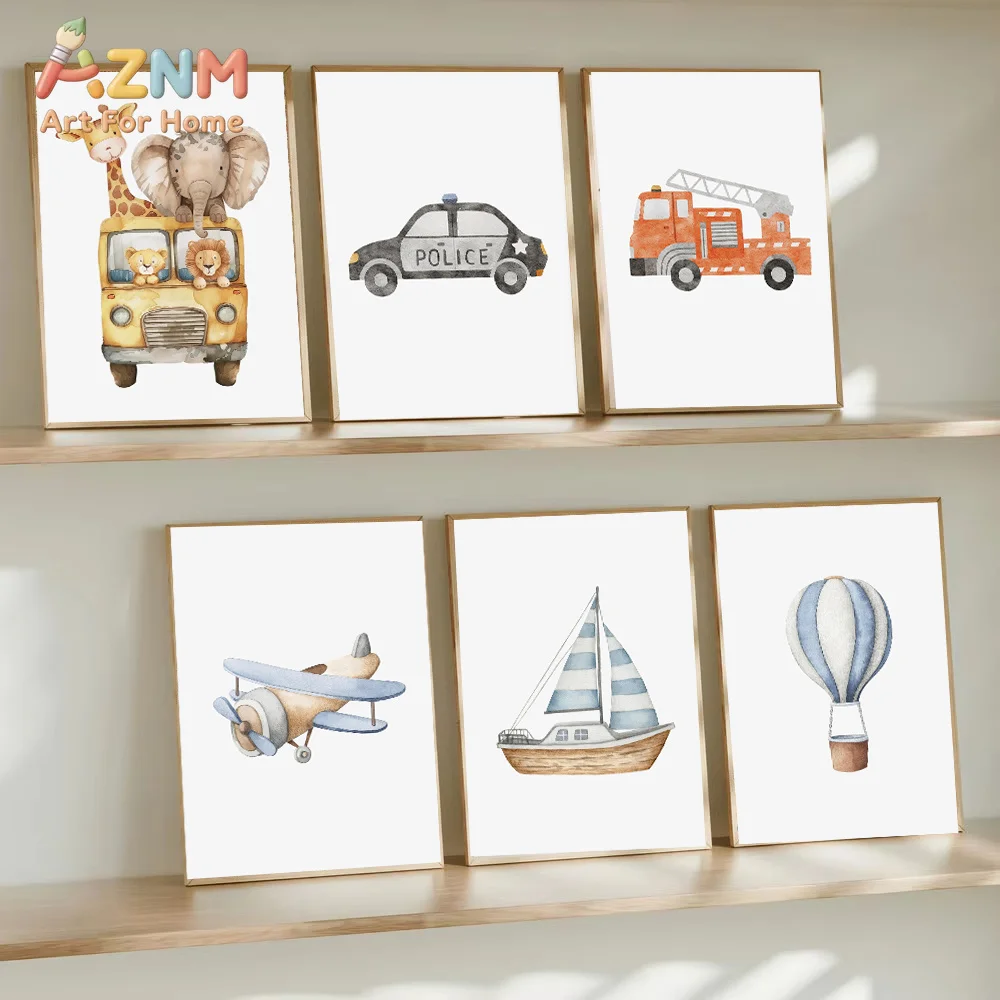 AZNM Watercolor Nursery Canvas Wall Art Safari Animal Fire Truck Plane Sailboat Hot Air Balloon Kids Room Unframed Canvas Home D