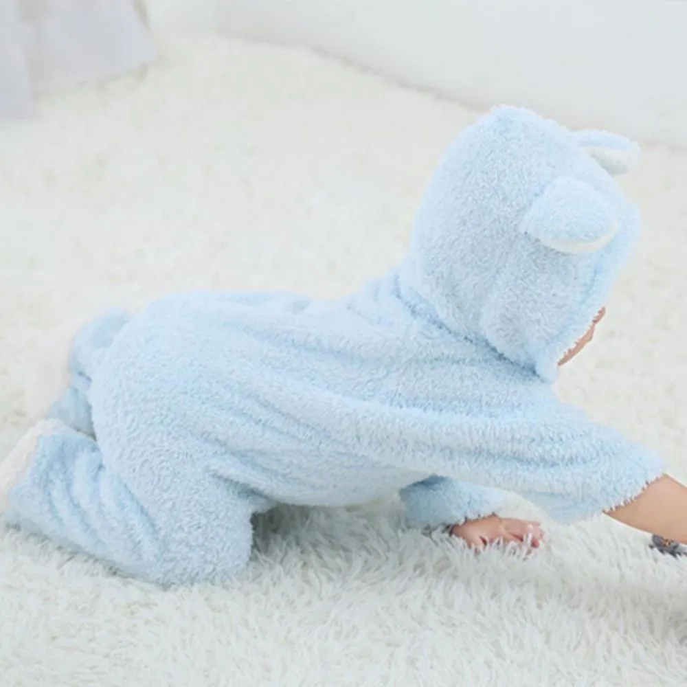 Newborn Baby Boy Girl Kids Bear Hooded Romper Jumpsuit Coral Fleece Bodysuit Clothes Outfits One Piece Outfit Toddler Playsuit