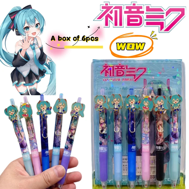 

New Hatsune Miku 6pcs Gel Pen Creative High Color Value Secondary Patch Printing Student Special Smooth Quick-drying Press Pen