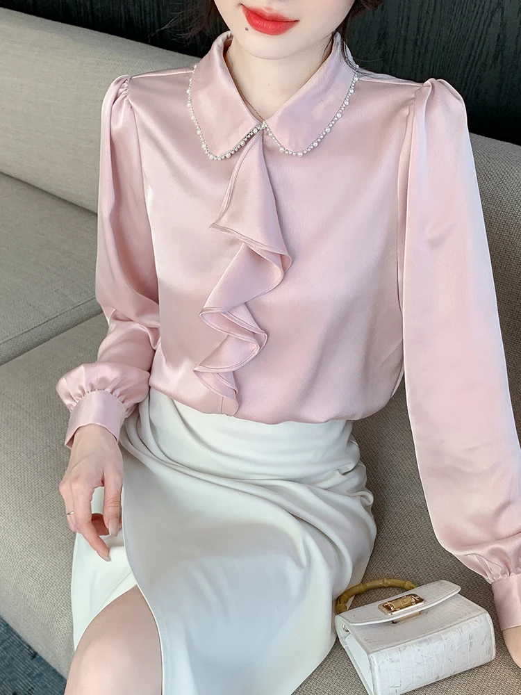 Elegant Apricot Shirt Women Spring Autumn Long Sleeve Silk Satin Blouses Women Fashion Turn Down Collar OL Style Shirts 2024