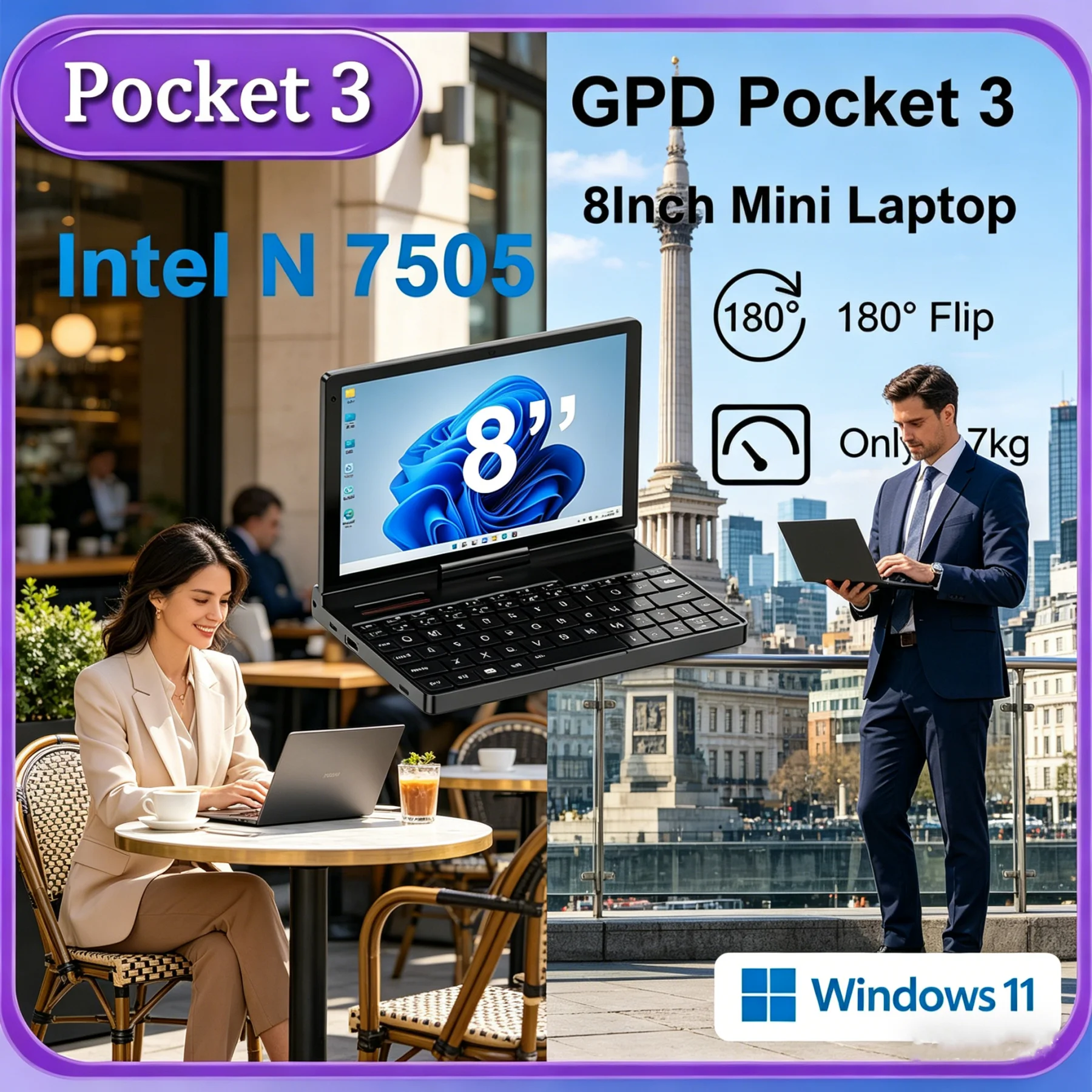 New Arrival GPD Pocket 3 Mini Notebook, 8Inch Intel Gold 7505, 16GB RAM 512GB SSD, Portable Modular Handheld PC, Windows 11