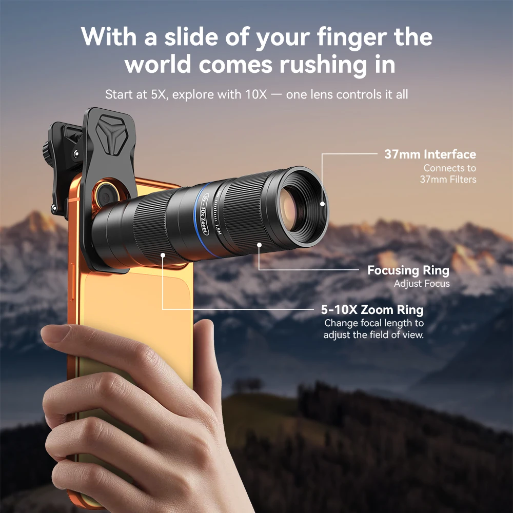 

APEXEL Zoom Monocular Telescope for iPhone, 5X-10X Telephoto Lens Compatible with Most Smartphones, Phone Photography Accessory