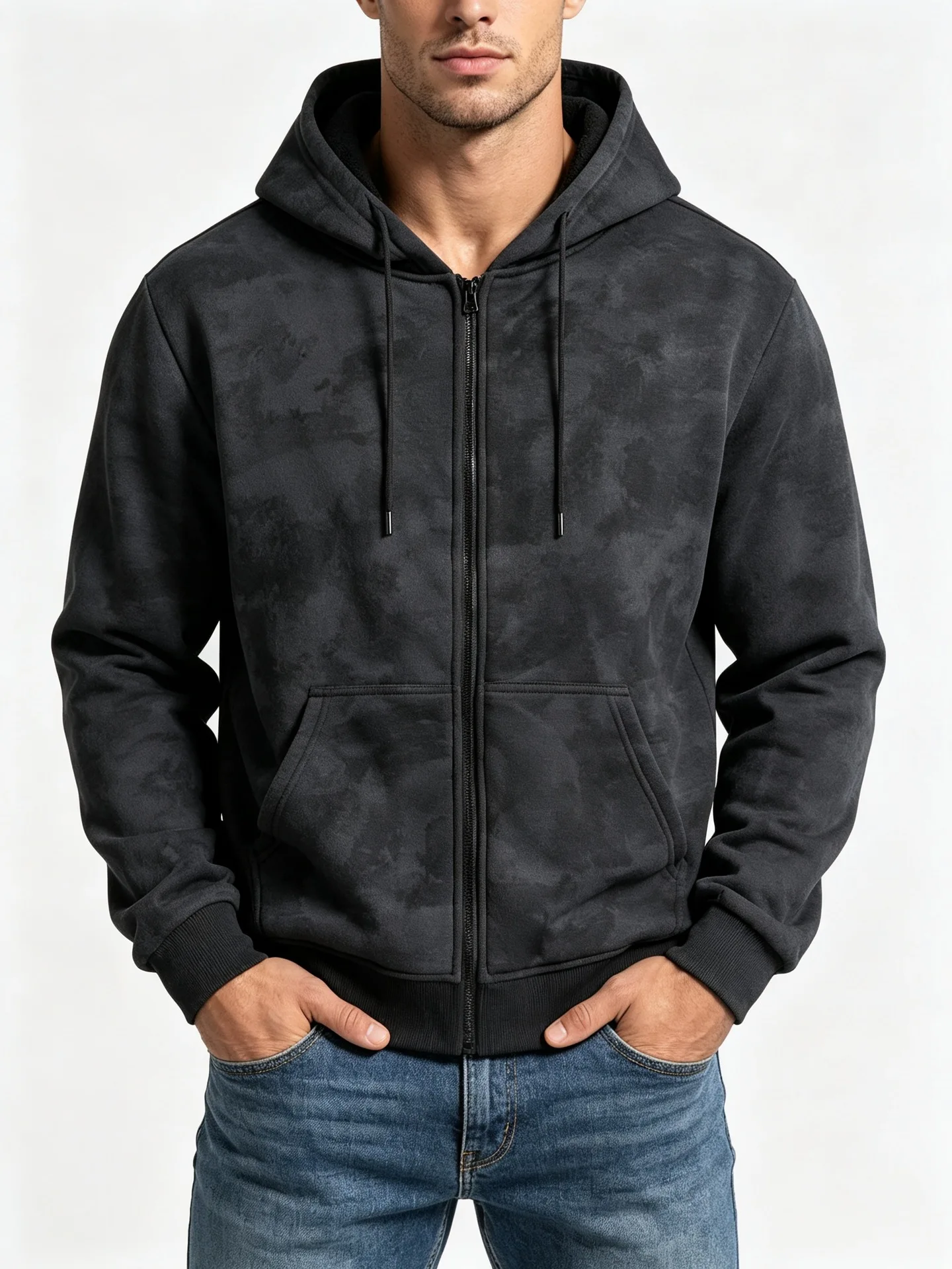 Men Tie Dye Zip Up Hoodie Heavyweight Full Zip Hooded Sweatshirt European High Street Loose Streetwear Autumn Casual Outerwear J