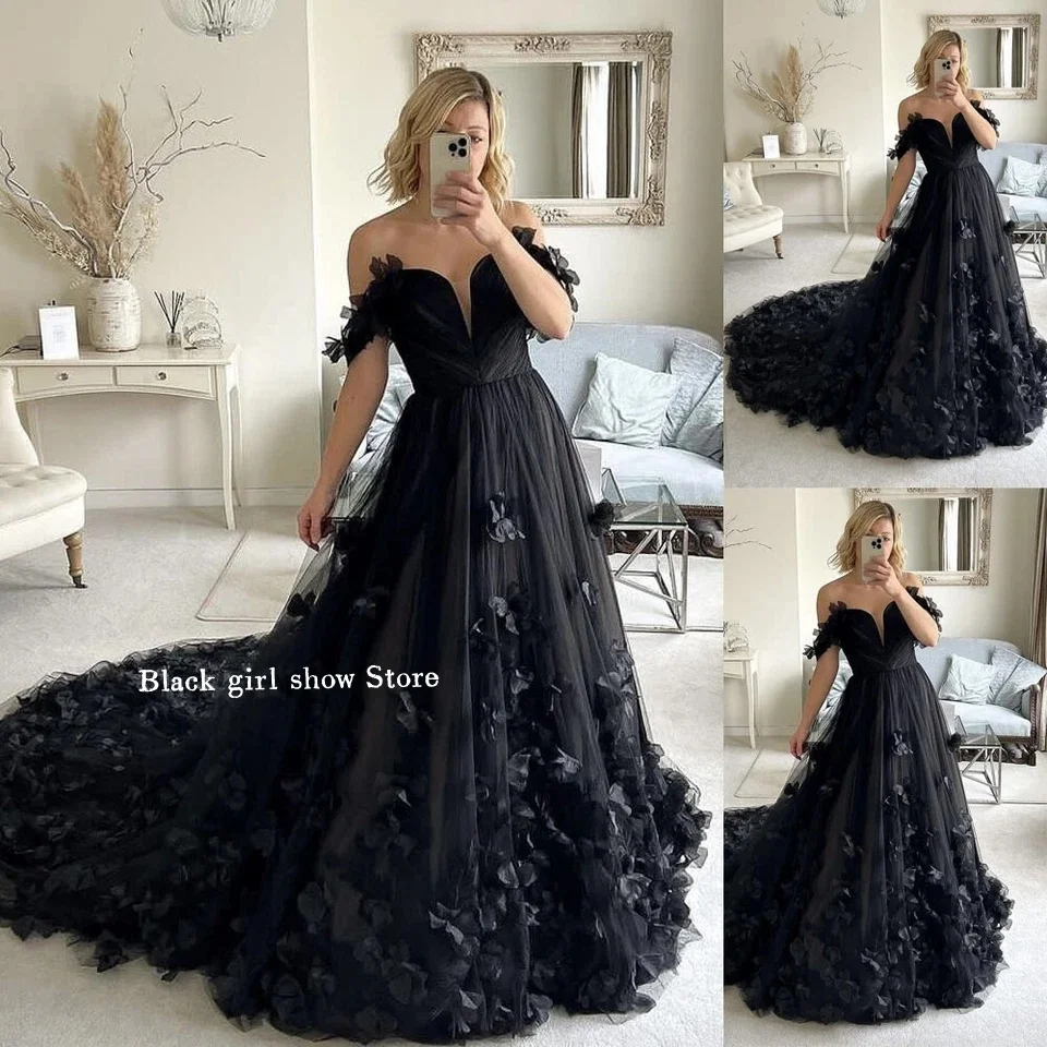 

Customized Black Gothic Wedding Dresses Vintage v Neck Strapless 3D Flower Appliques Bridal Gowns Holiday Beach Wedding Dresses