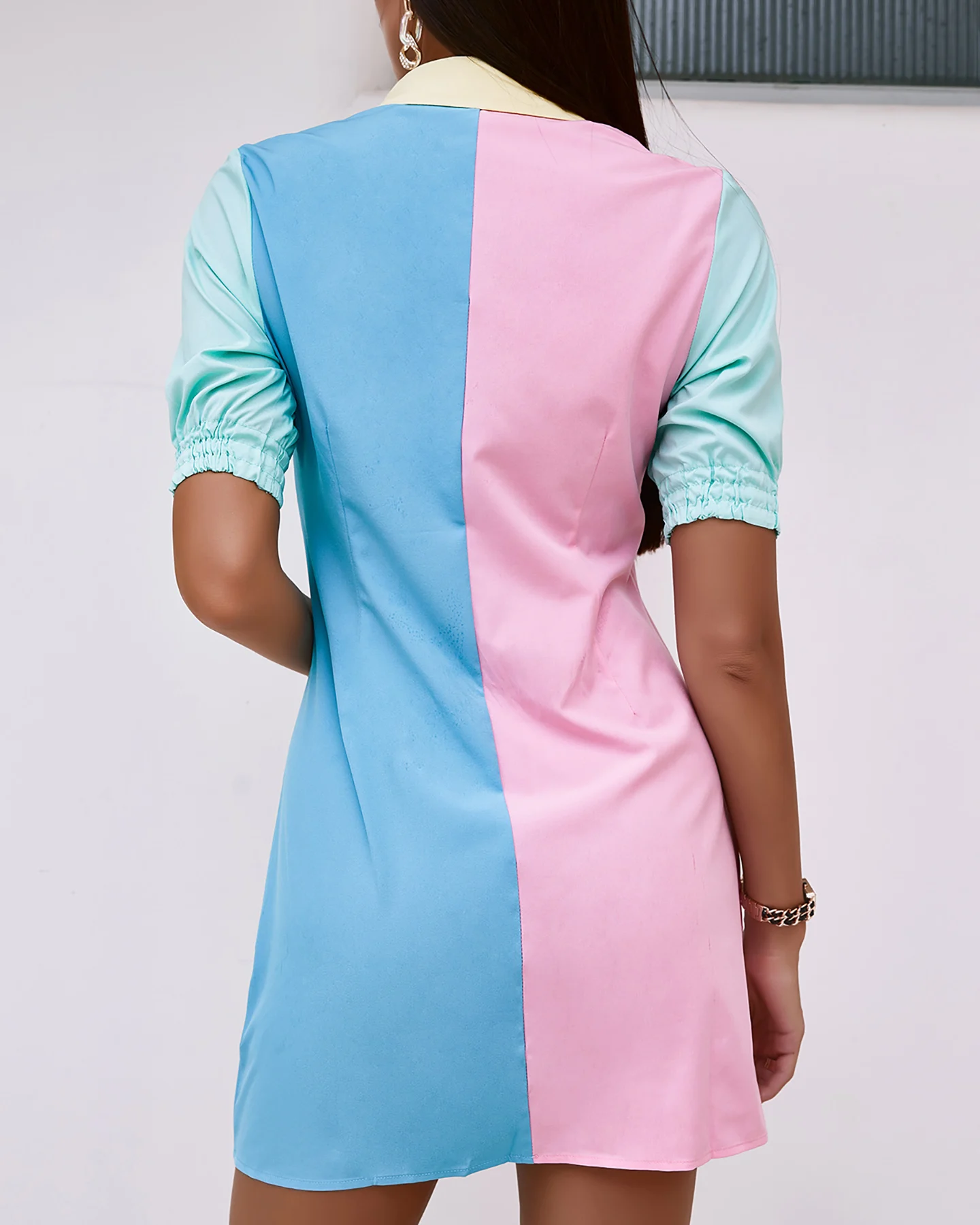 2025 Women Spring Button Front Pocket Design Colorblock Shirt Dress