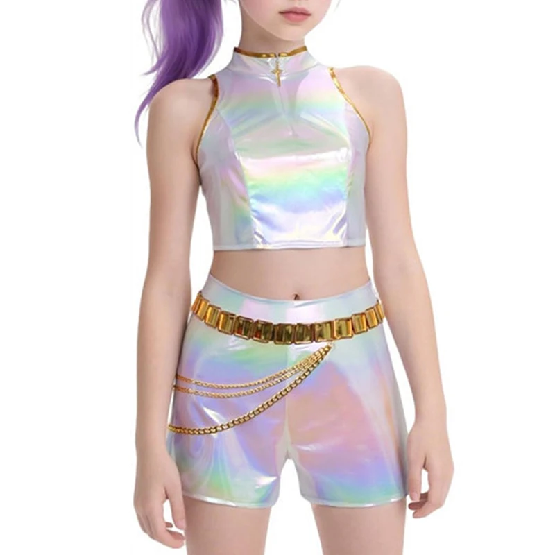 K-POP شيطان هنتر تأثيري فتاة زي البوب المغني هالوين زي سترة السراويل مرحلة الأداء زي الأبيض بريق مجموعة